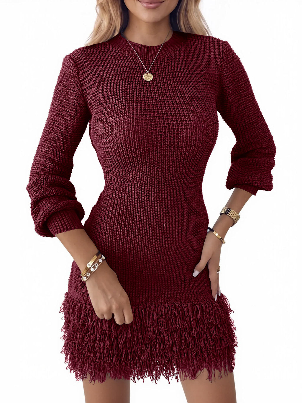 usvara Womens Fringe Waffle Knit Sweater Dress