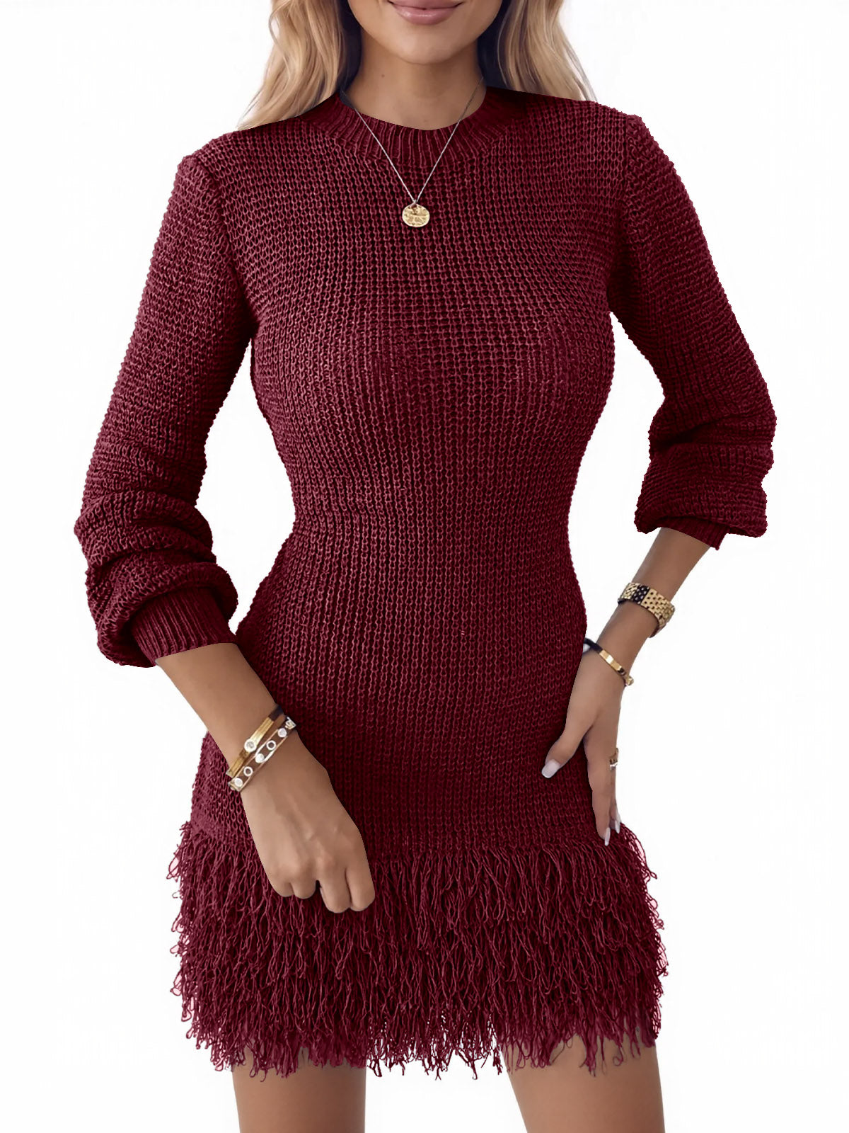 usvara Womens Fringe Waffle Knit Sweater Dress
