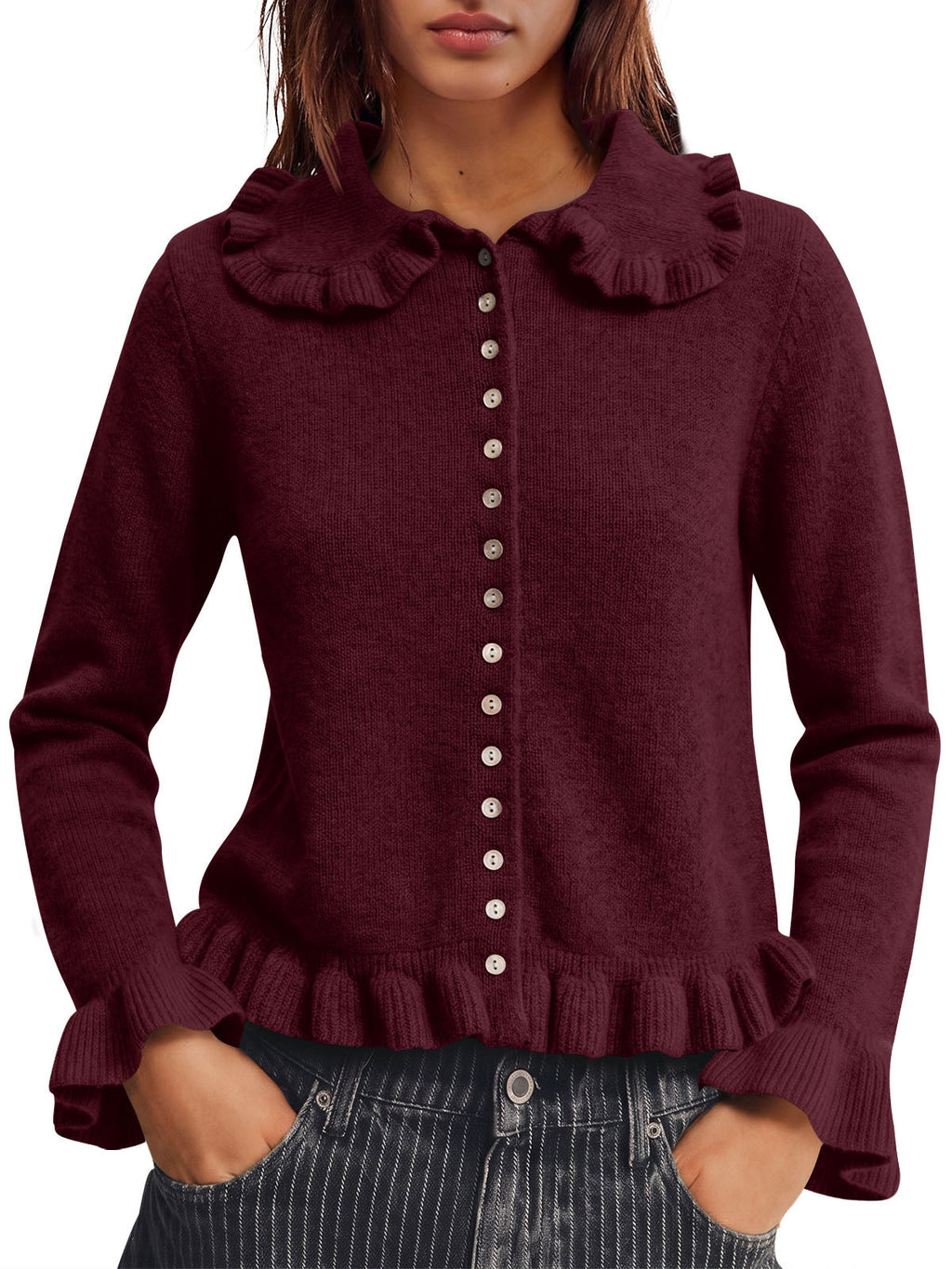 usvara Womens Ruffle Button Down Cardigan