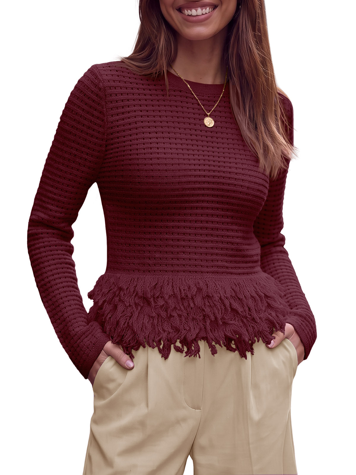 usvara Womens Crochet Fringe Crew Neck Sweater