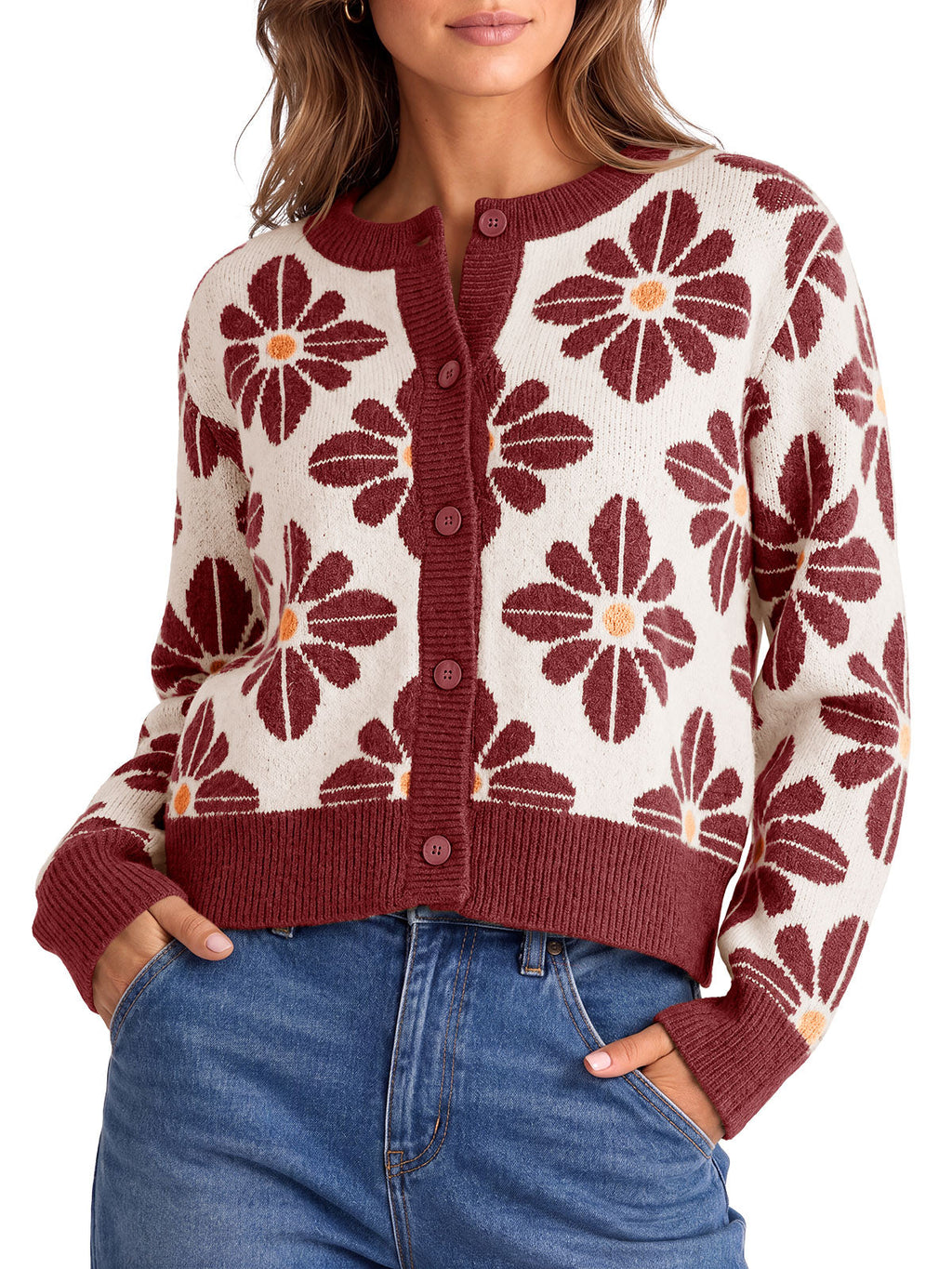 usvara Womens Floral Button Up Vintage Sweater