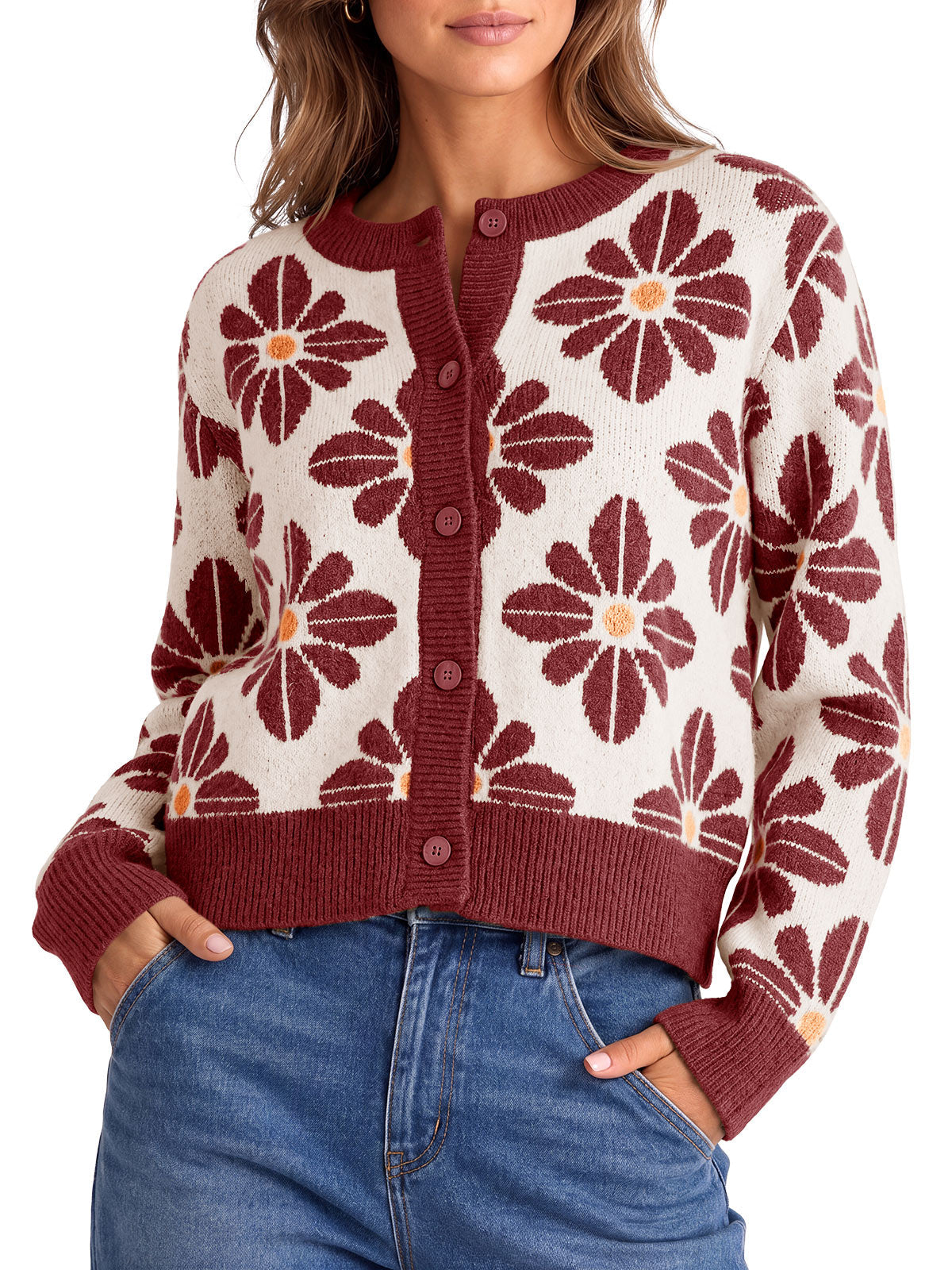 usvara Womens Floral Button Up Vintage Sweater