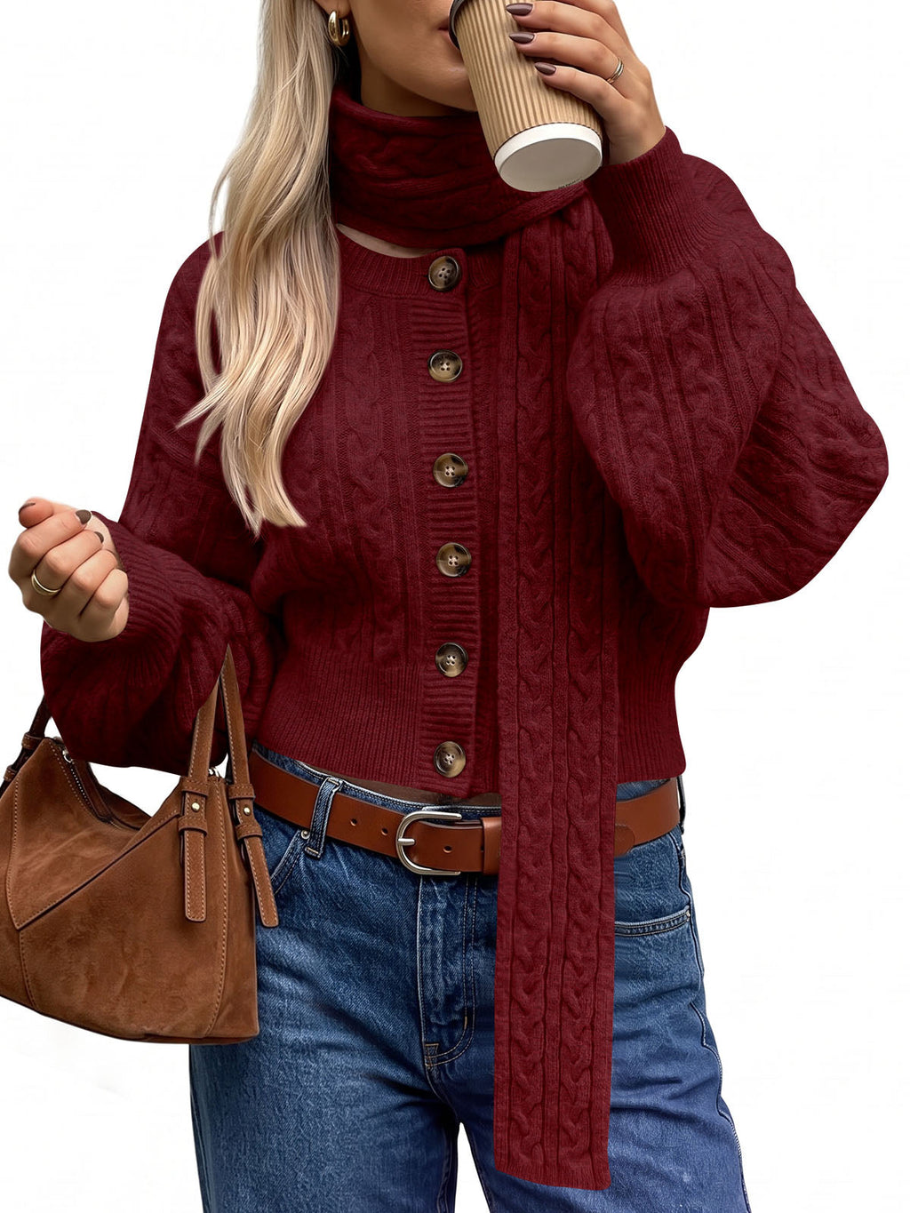 usvara Womens Cable Knit Cardigan with Scarf