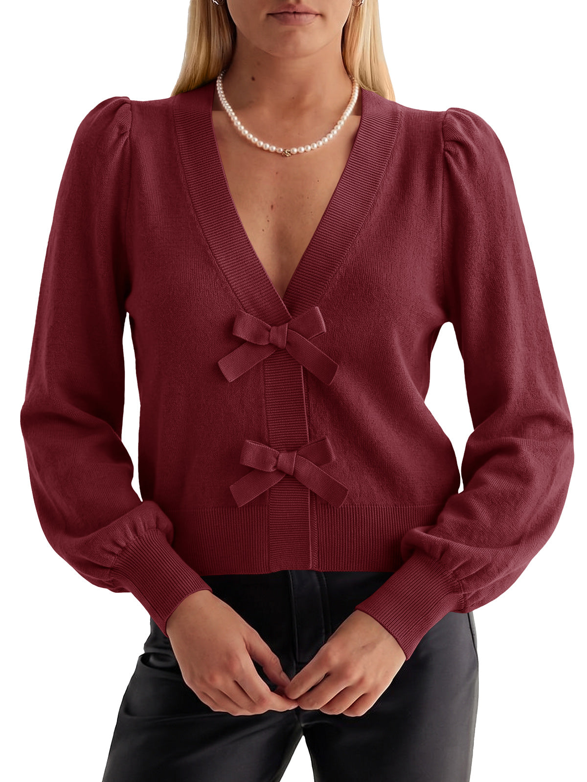 usvara Women V Neck Bow Knit Cardigan