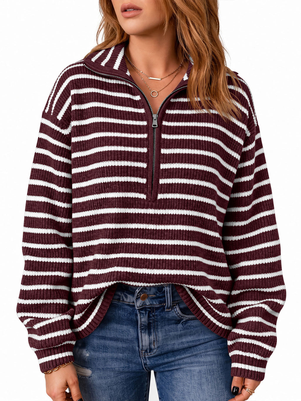 usvara Womens Striped Half Zip Sweater