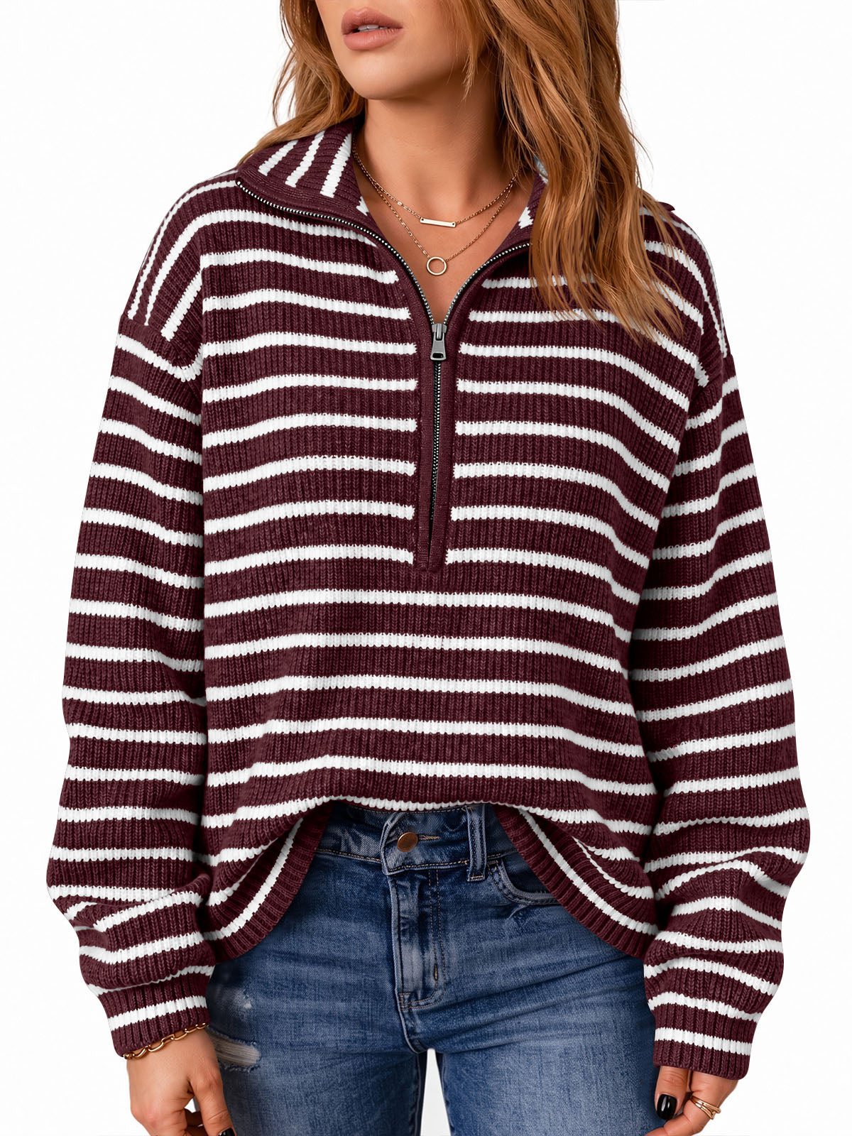 usvara Womens Striped Half Zip Sweater