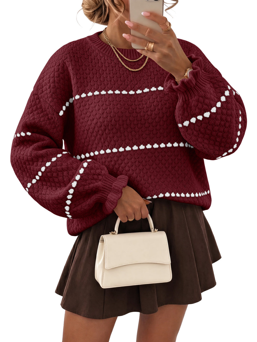 usvara Womens Heart Striped Ruffle Sweaters
