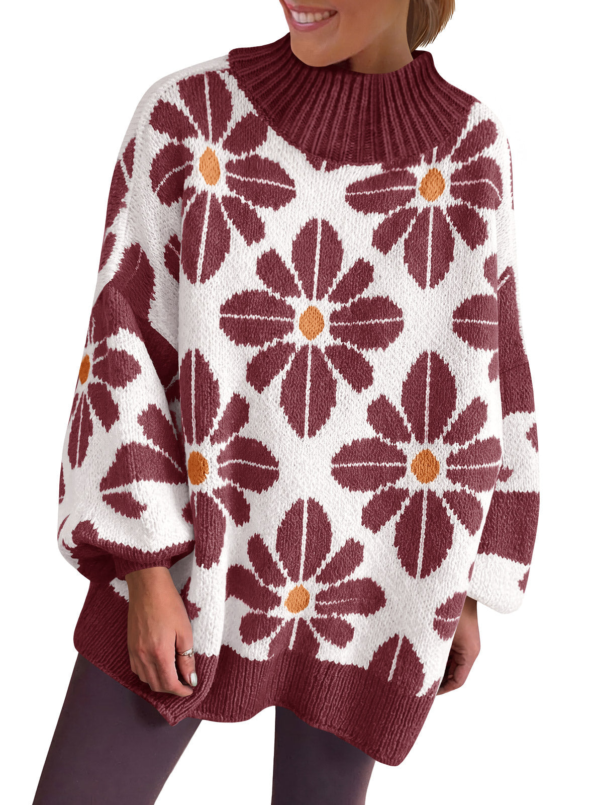 usvara Womens Floral Mock Neck Chunky Sweater