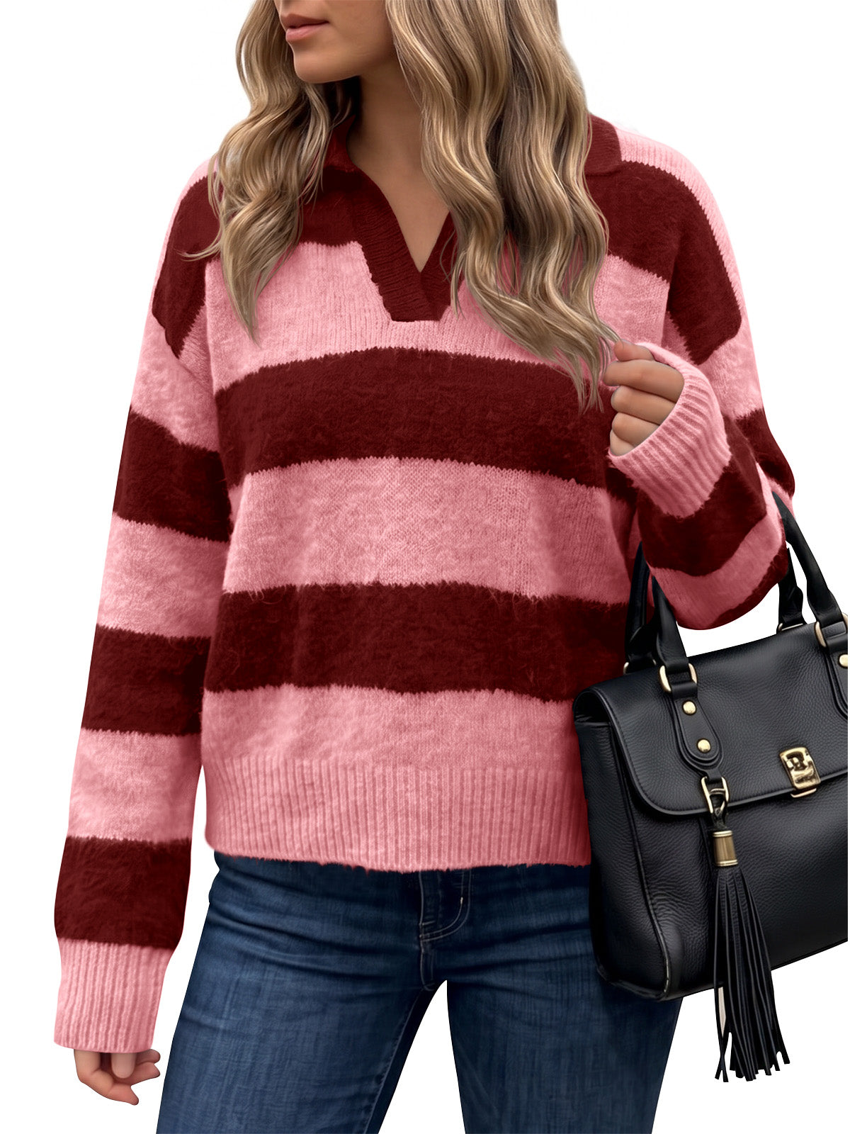 usvara Womens Striped Polo V Neck Sweaters