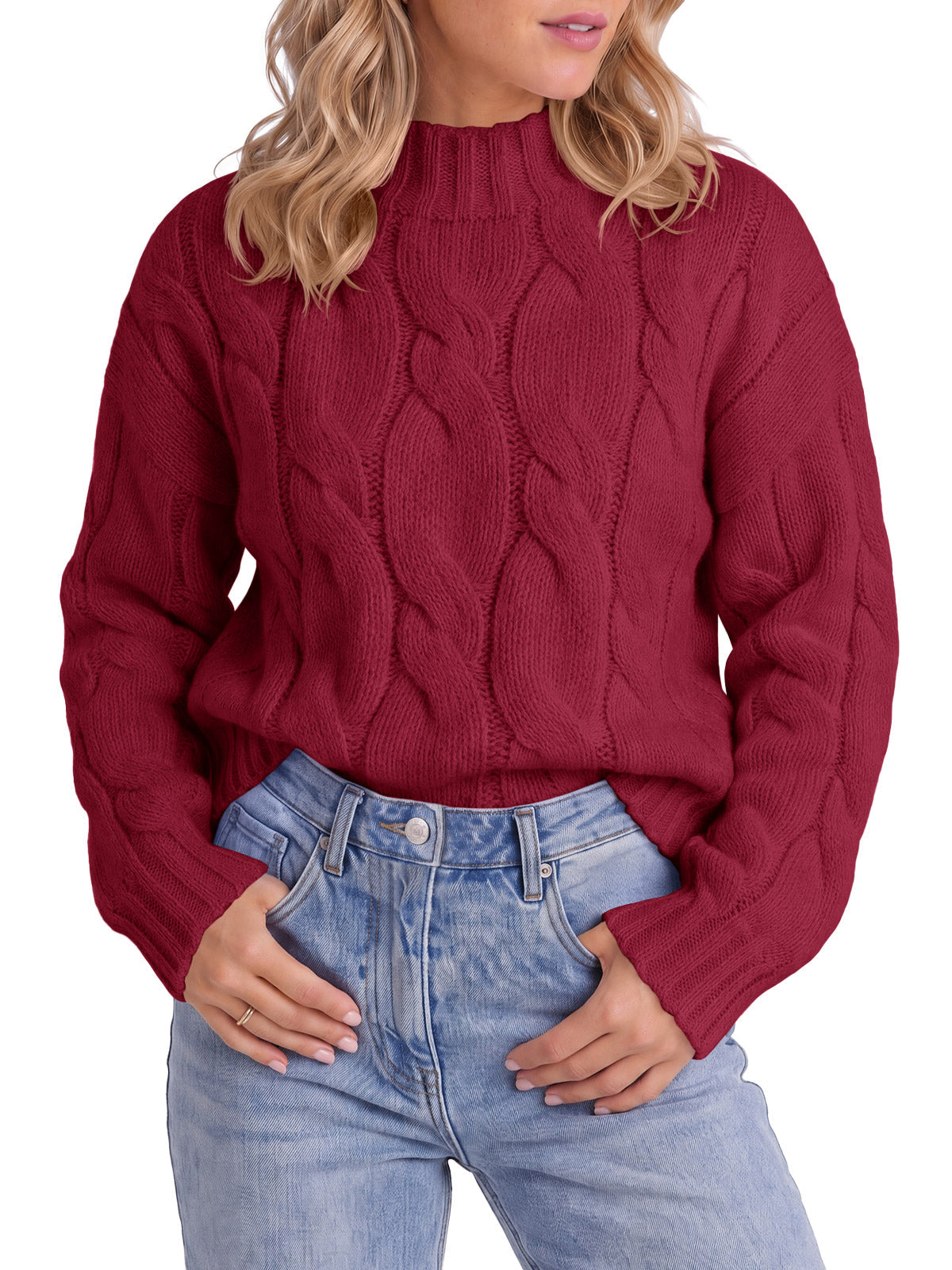usvara Womens Mock Neck Cable Knit Sweater