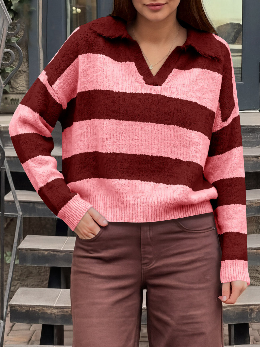 usvara Womens Striped Polo V Neck Sweaters