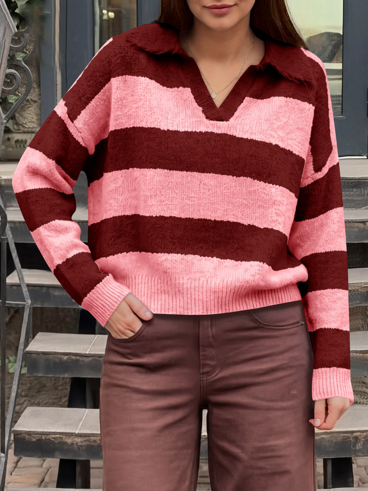 usvara Womens Striped Polo V Neck Sweaters
