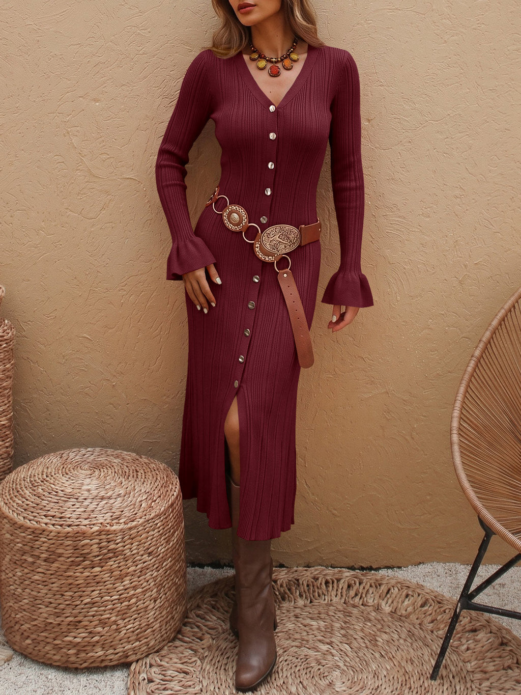 usvara Womens V Neck Midi Sweater Dress
