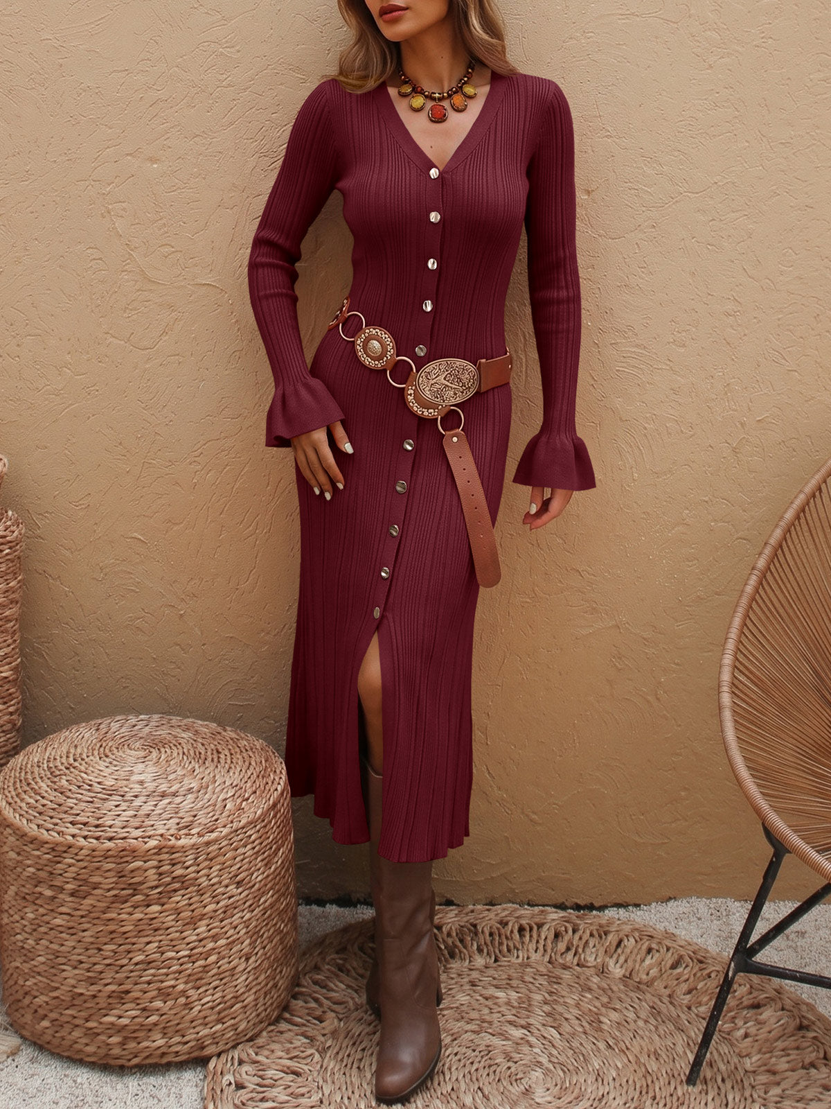 usvara Womens V Neck Midi Sweater Dress