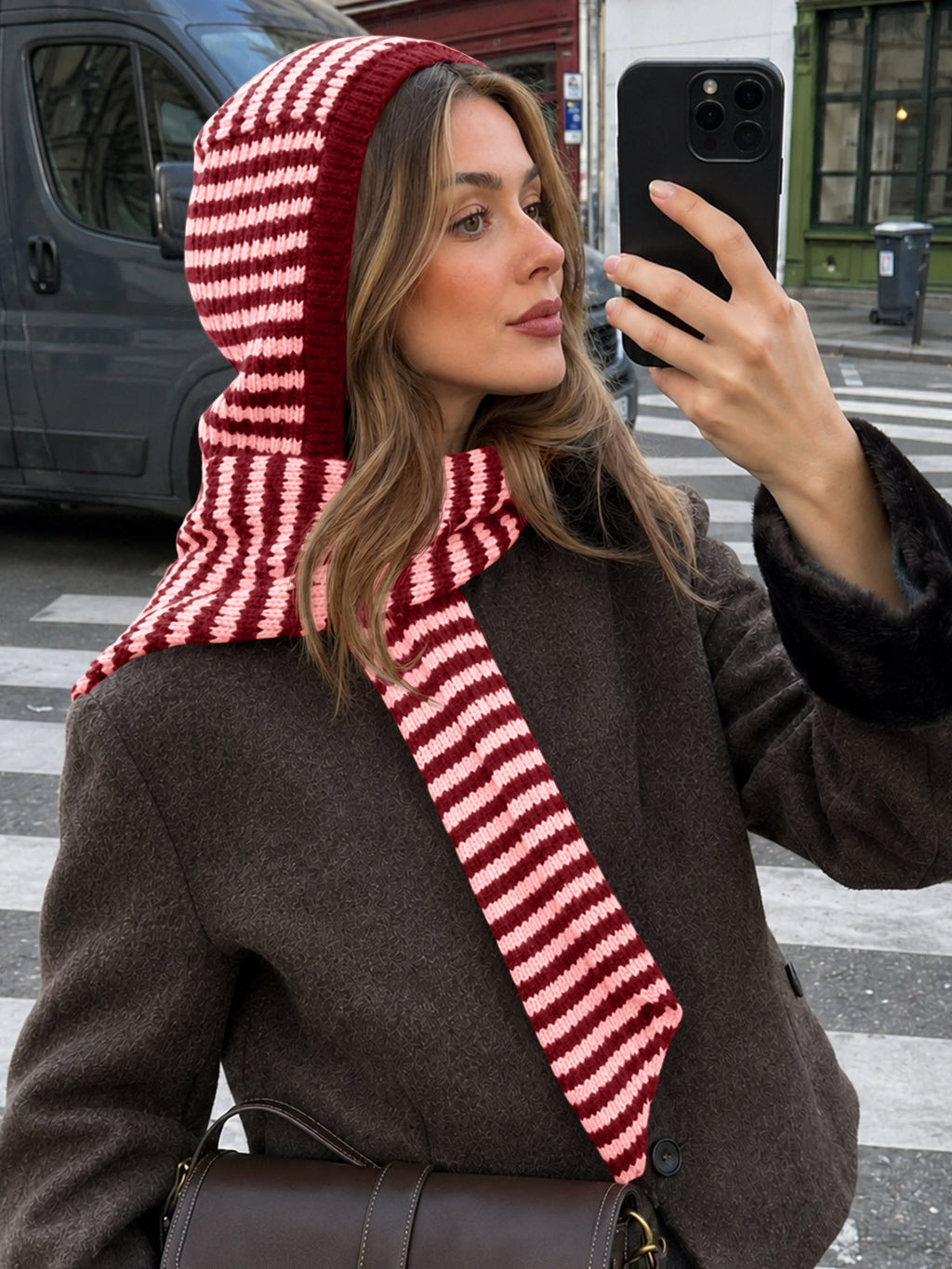 usvara Womens Striped Hooded Scarf Knit Hat