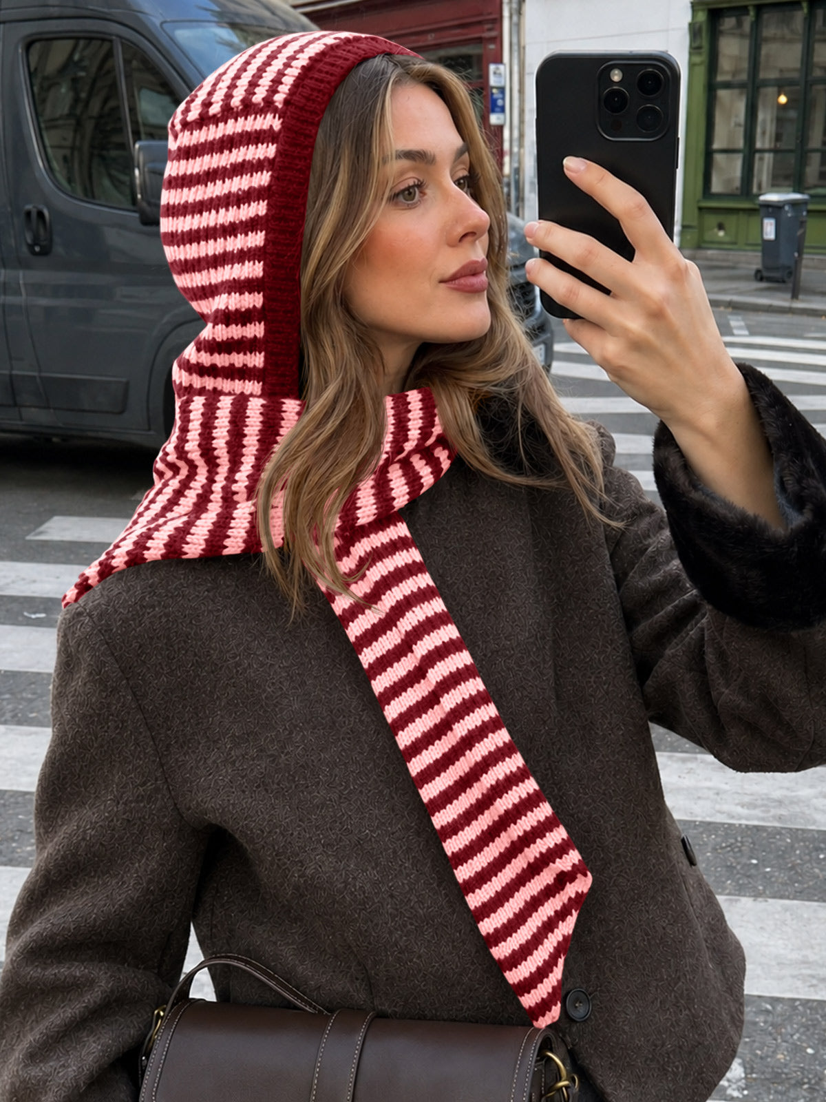 usvara Womens Striped Hooded Scarf Knit Hat