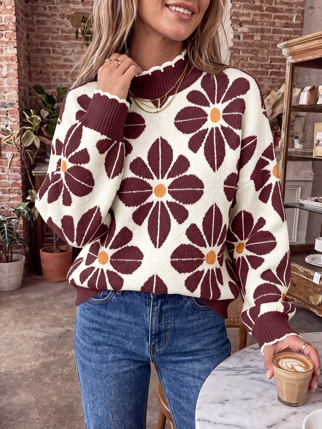 usvara Womens Mock Neck Floral Knit Sweater