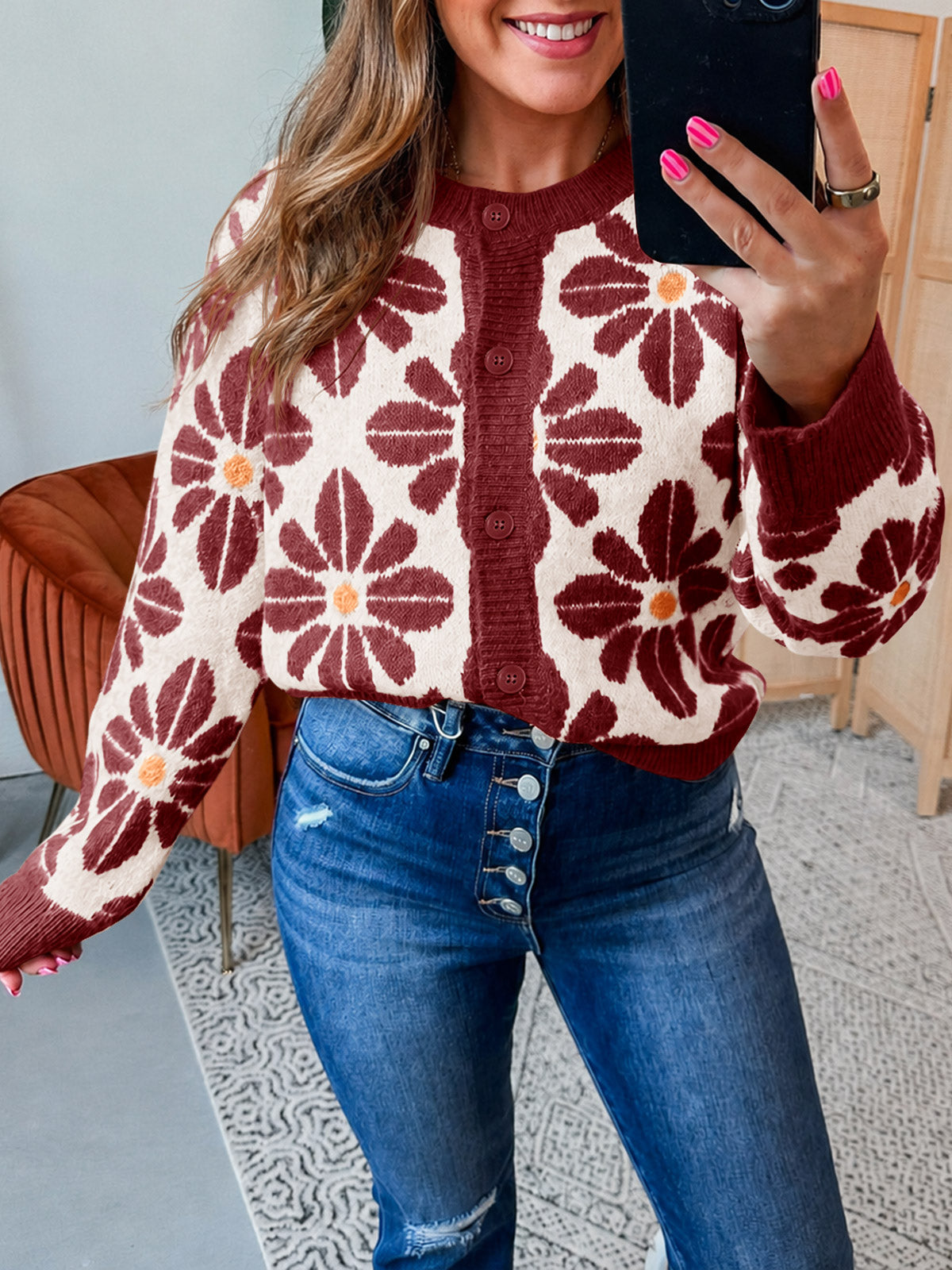 usvara Womens Floral Button Up Vintage Sweater