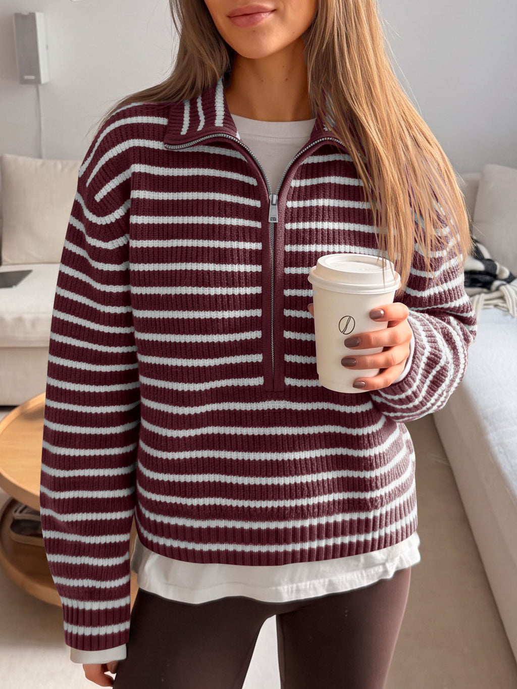 usvara Womens Striped Half Zip Sweater