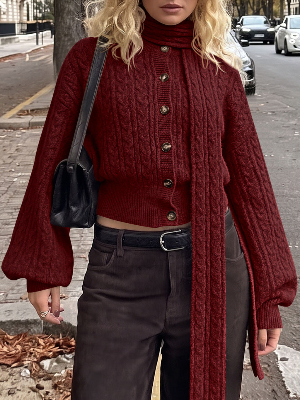 usvara Womens Cable Knit Cardigan with Scarf