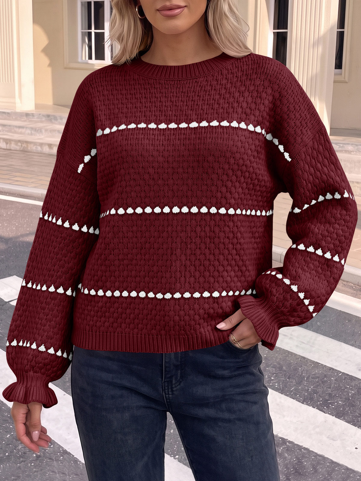 usvara Womens Heart Striped Ruffle Sweaters