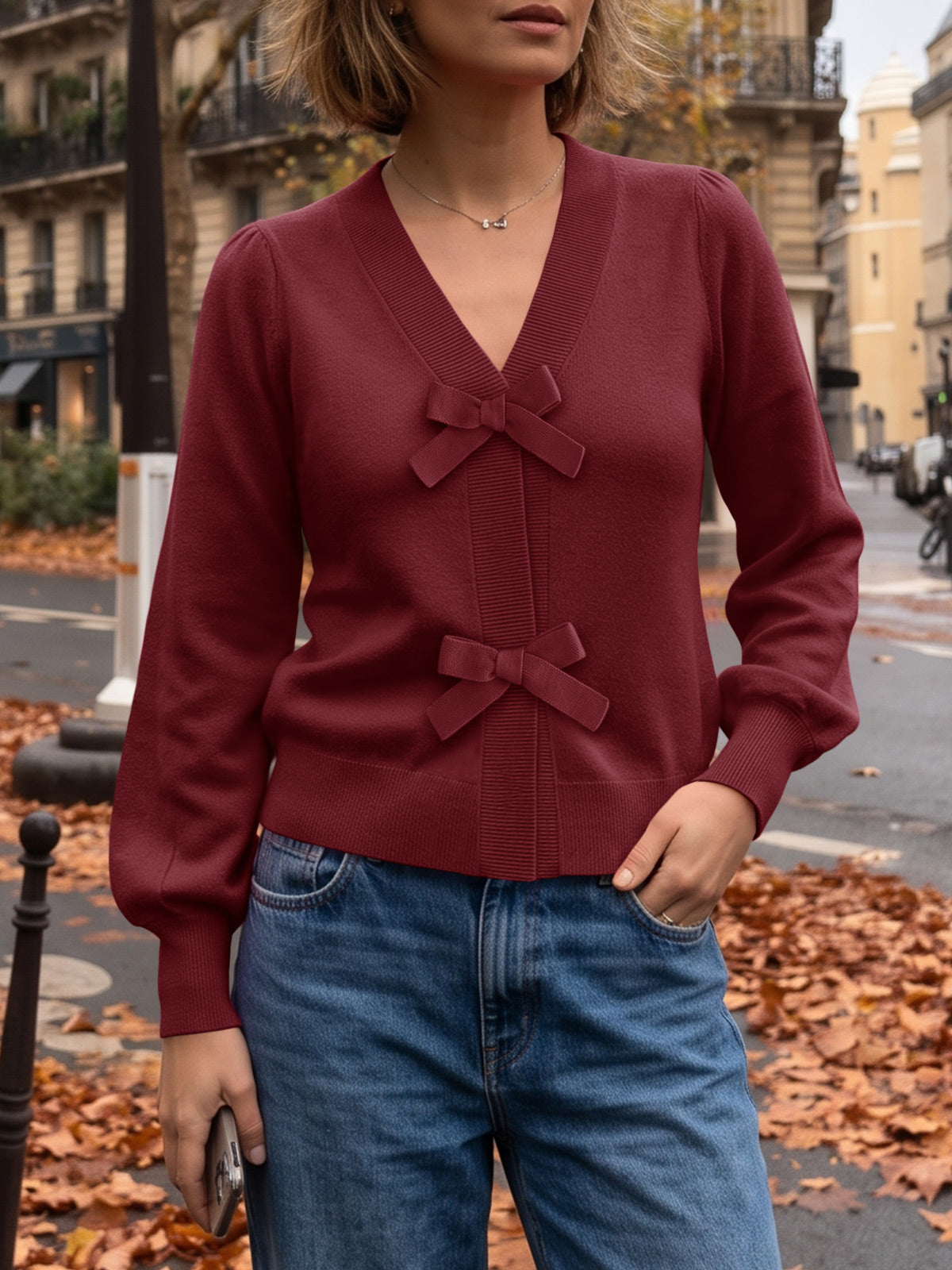 usvara Women V Neck Bow Knit Cardigan