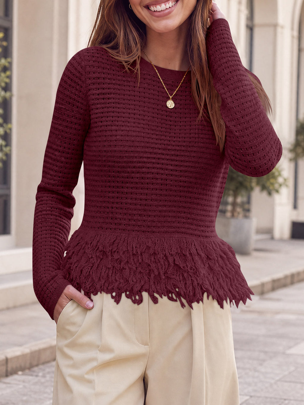 usvara Womens Crochet Fringe Crew Neck Sweater