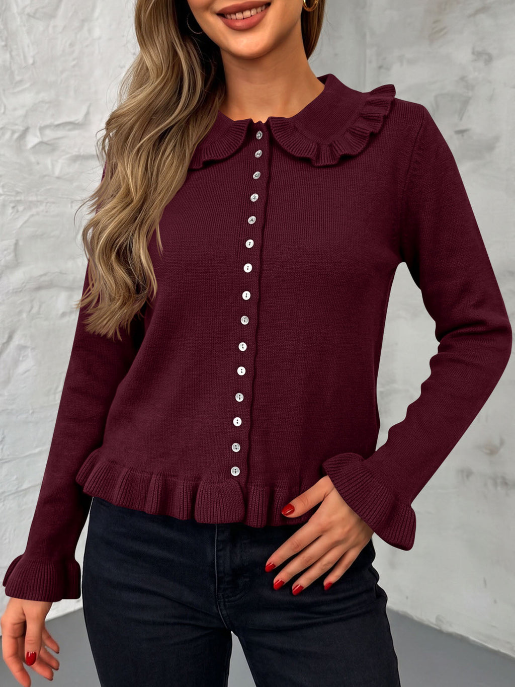 usvara Womens Ruffle Button Down Cardigan
