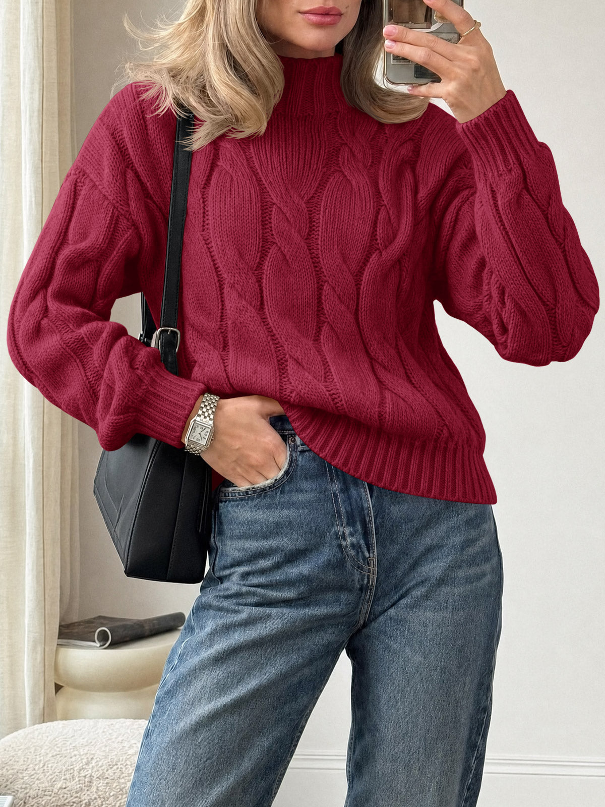 usvara Womens Mock Neck Cable Knit Sweater