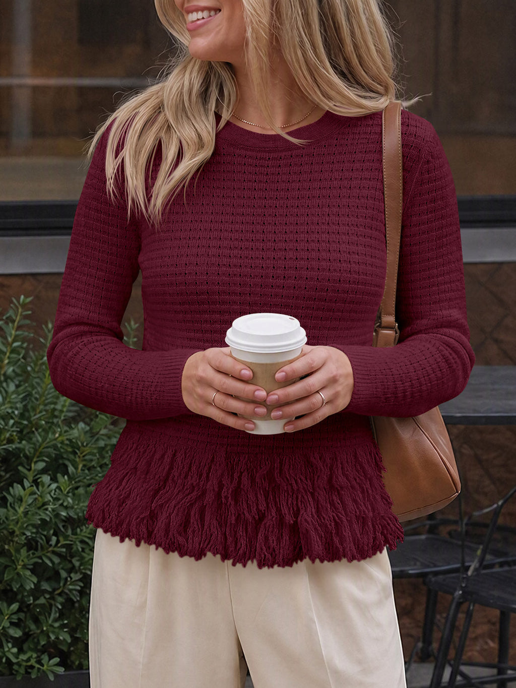 usvara Womens Crochet Fringe Crew Neck Sweater