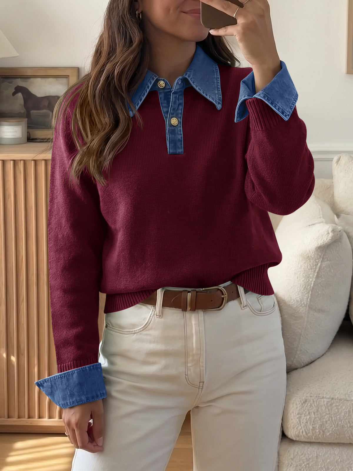 usvara Women Denim Patchwork V Neck Sweater Tops
