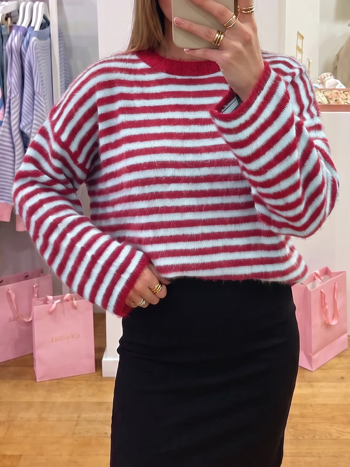 usvara Womens Fuzzy Crew Neck Striped Sweaters