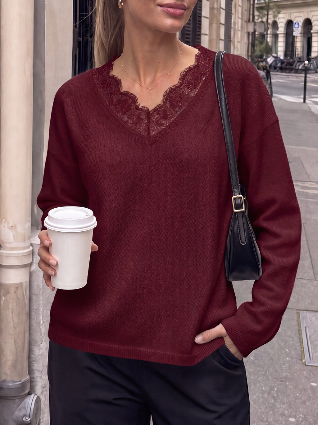 usvara Womens Lace V Neck Sweater Tops