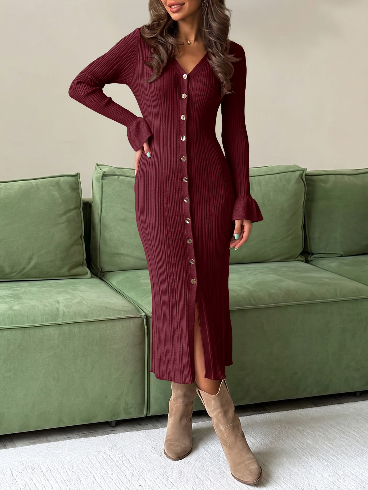 usvara Womens V Neck Midi Sweater Dress