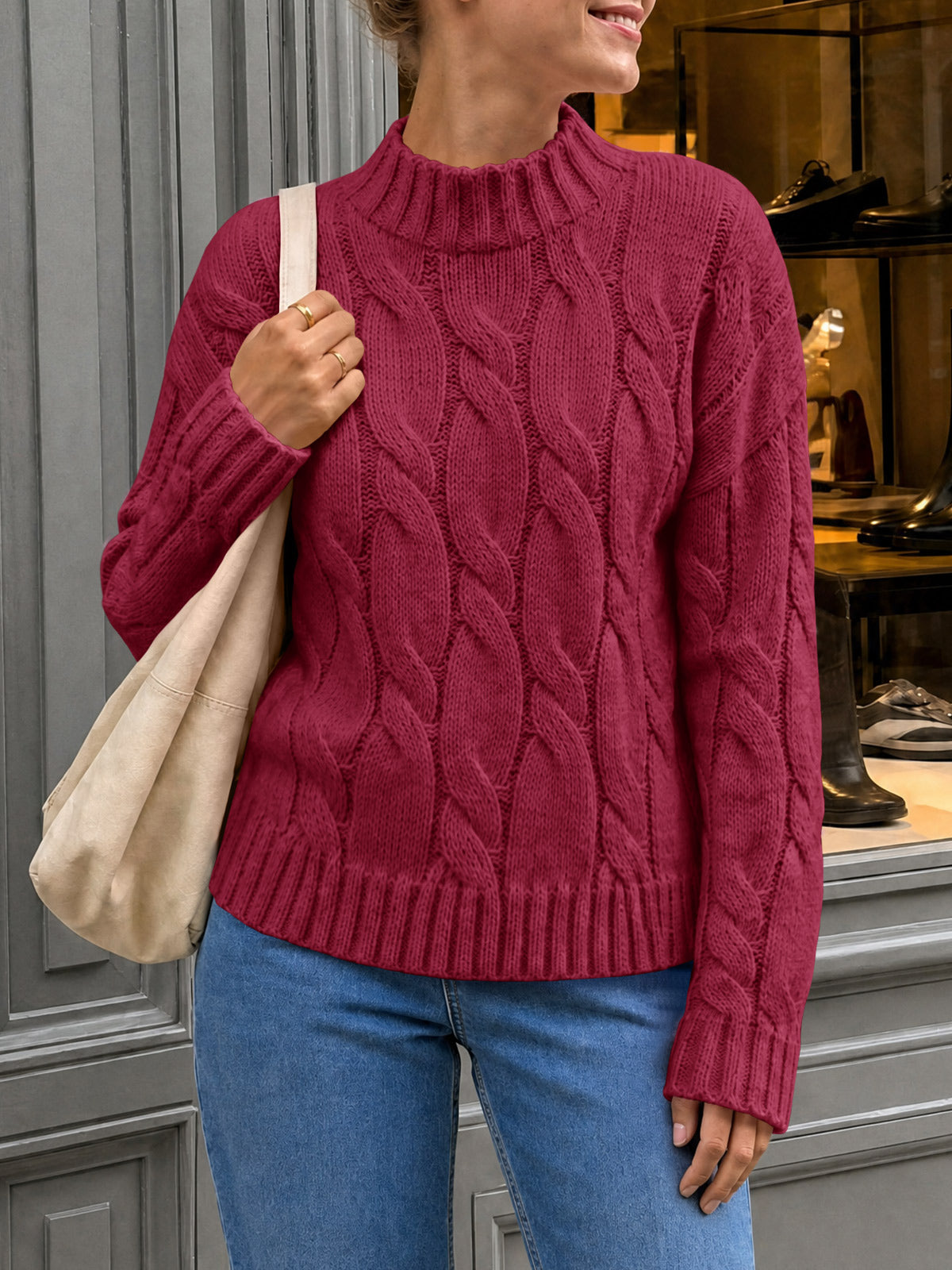 usvara Womens Mock Neck Cable Knit Sweater