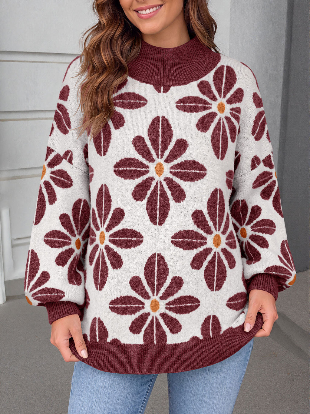 usvara Womens Floral Mock Neck Chunky Sweater