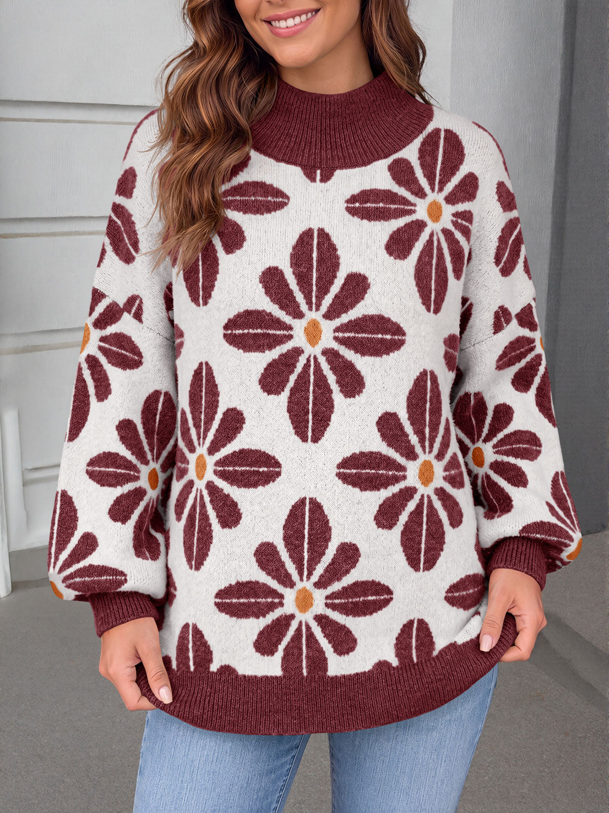 usvara Womens Floral Mock Neck Chunky Sweater