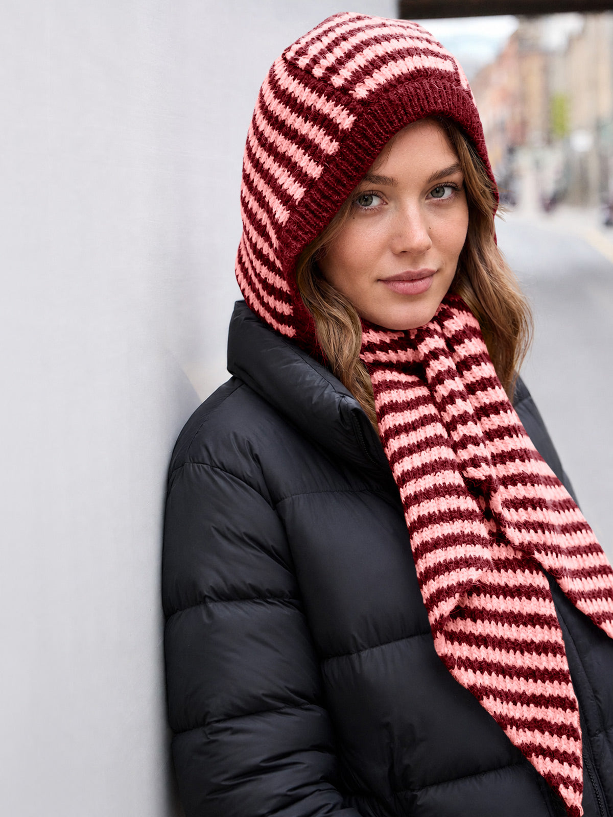 usvara Womens Striped Hooded Scarf Knit Hat