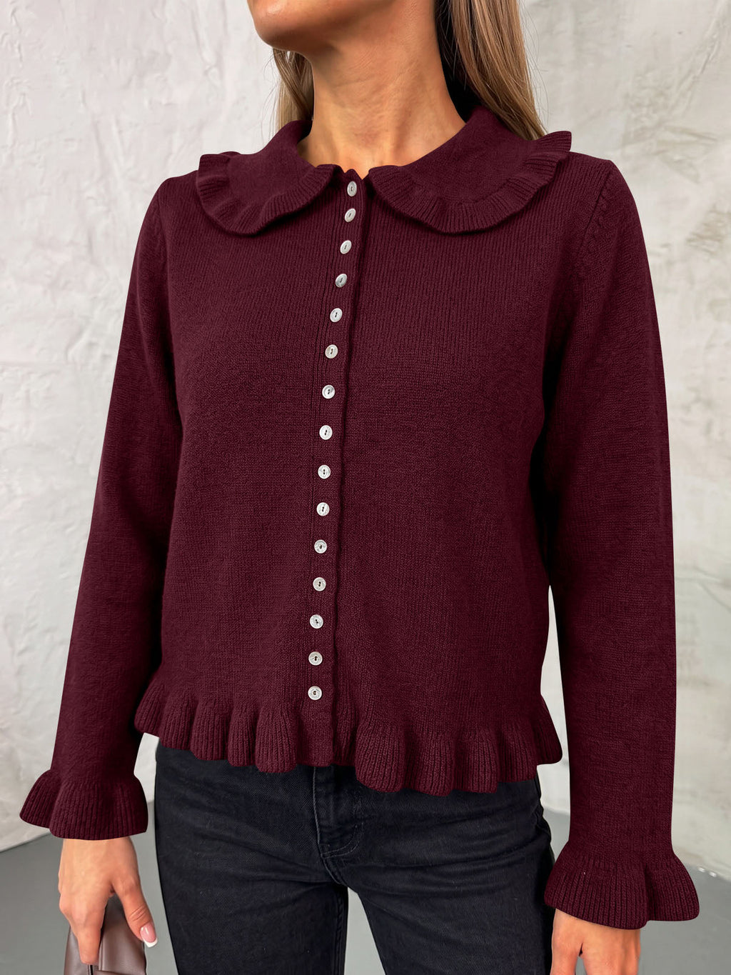 usvara Womens Ruffle Button Down Cardigan