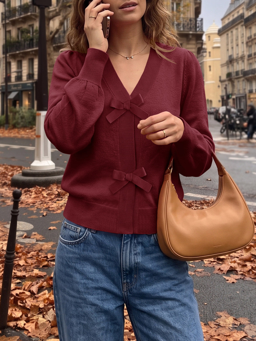 usvara Women V Neck Bow Knit Cardigan
