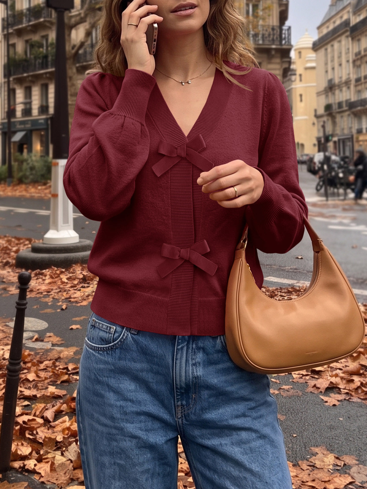 usvara Women V Neck Bow Knit Cardigan
