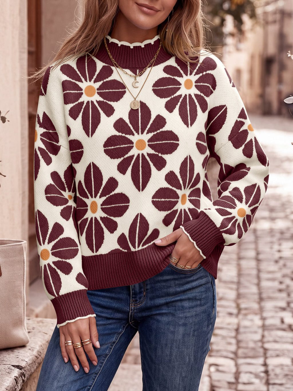 usvara Womens Mock Neck Floral Knit Sweater