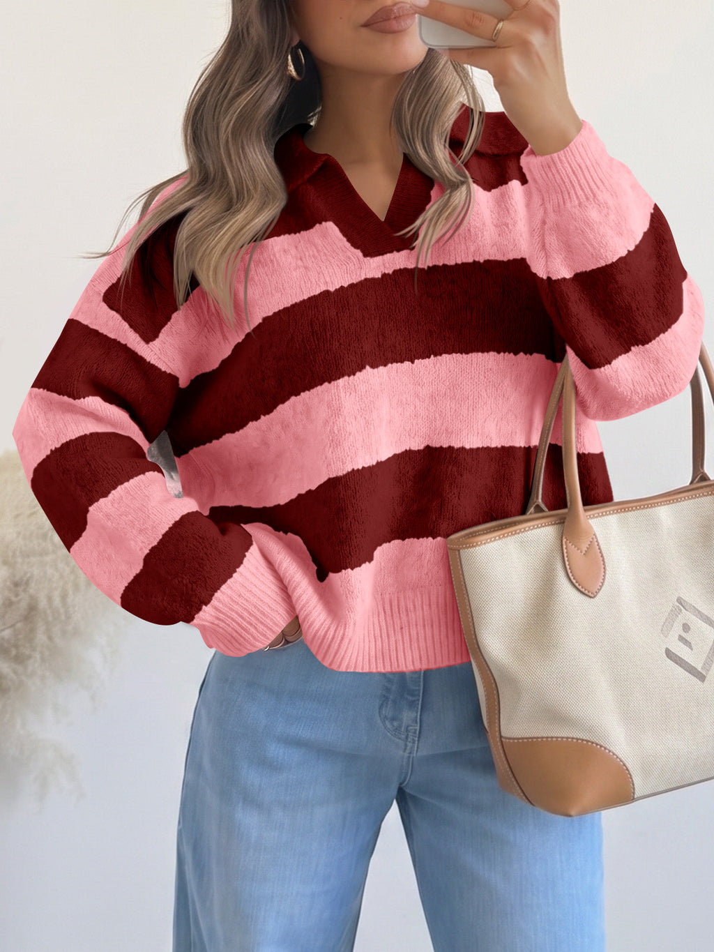 usvara Womens Striped Polo V Neck Sweaters