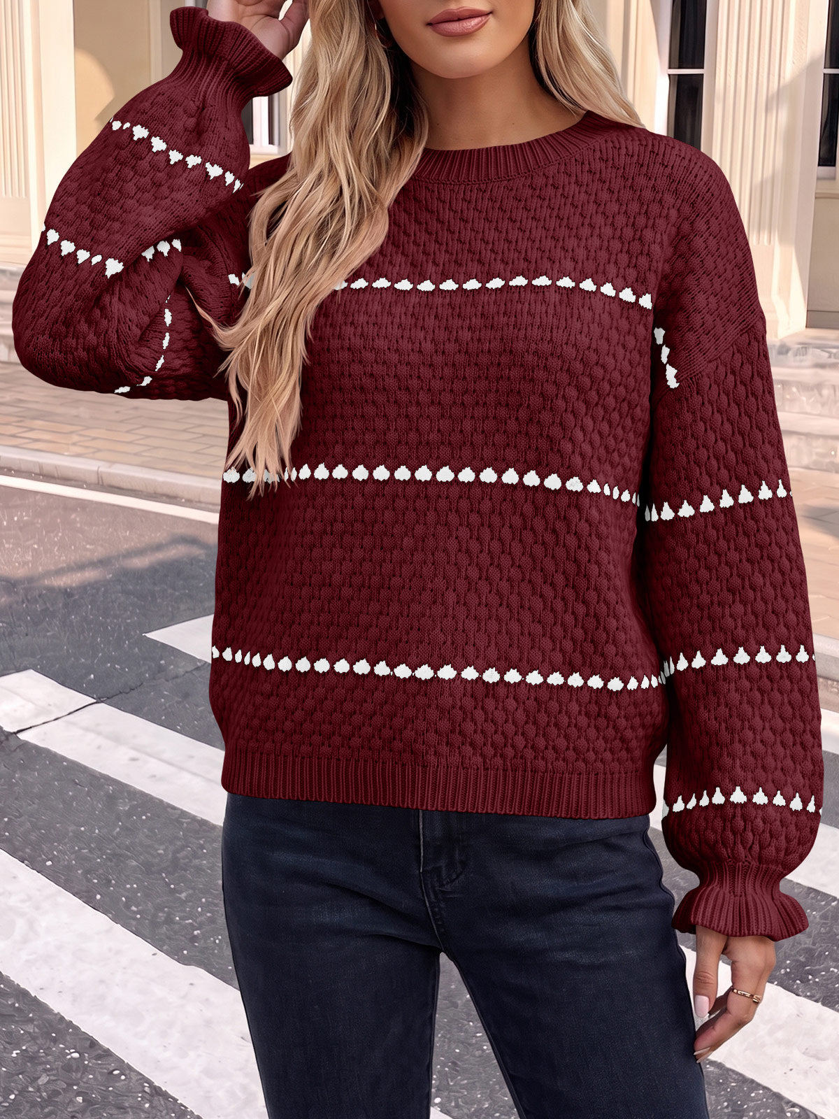 usvara Womens Heart Striped Ruffle Sweaters