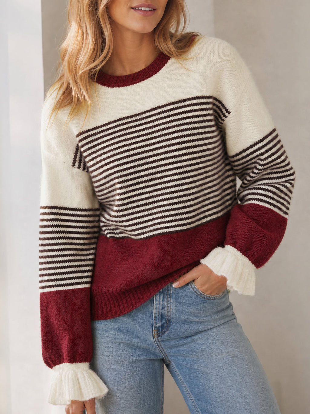 usvara Women Ruffle Sleeve Sweater