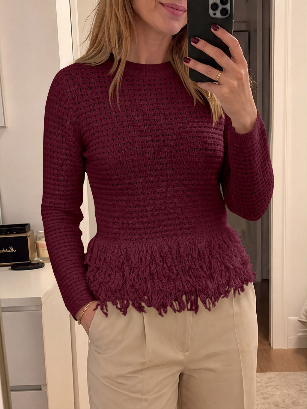 usvara Womens Crochet Fringe Crew Neck Sweater