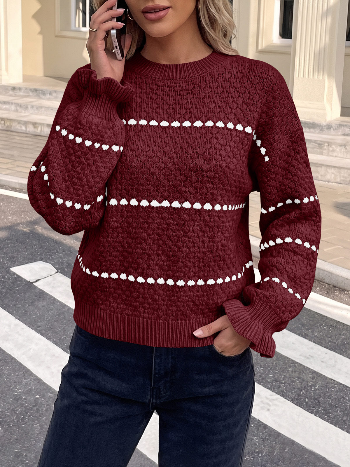 usvara Womens Heart Striped Ruffle Sweaters
