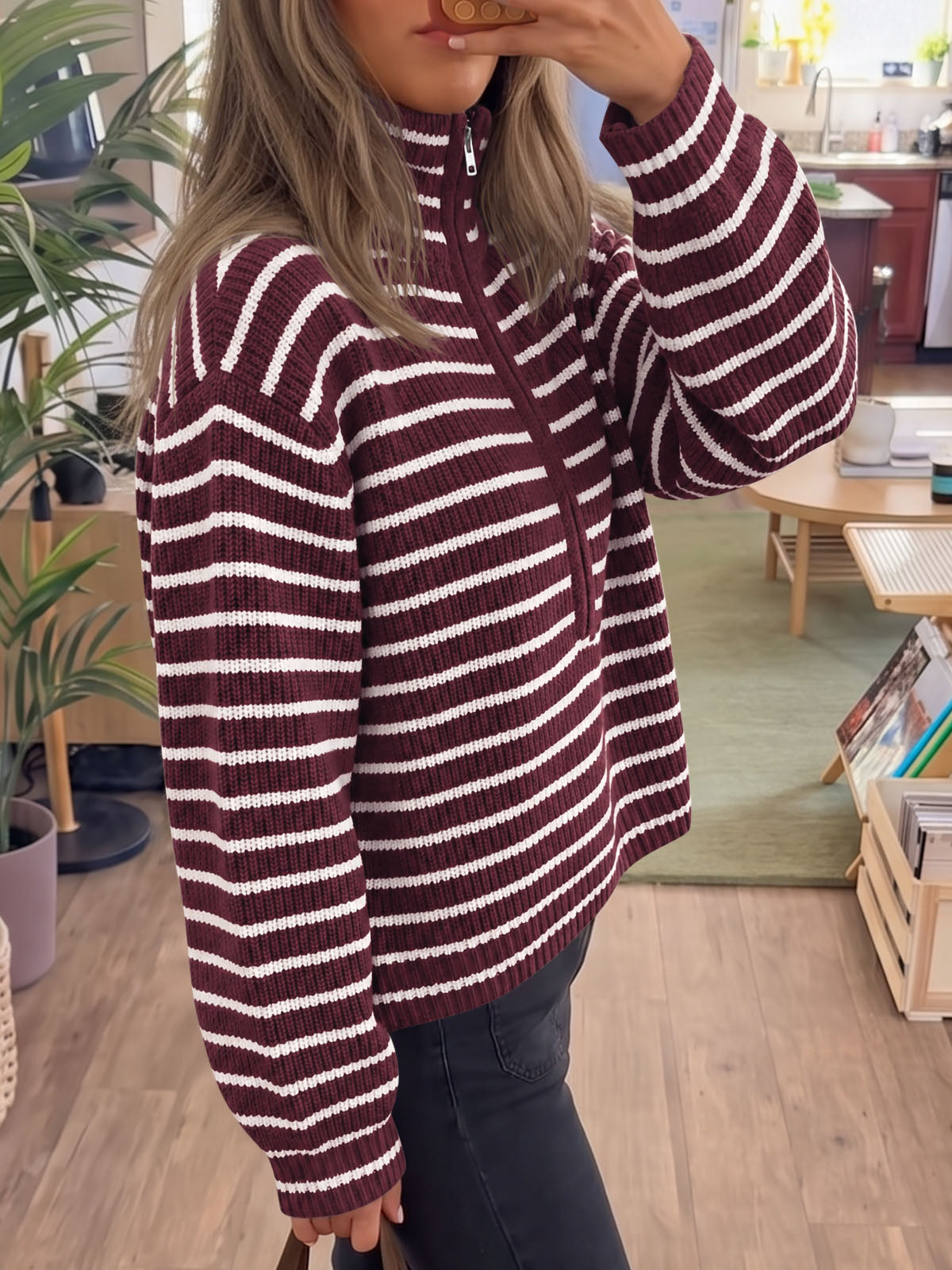 usvara Womens Striped Half Zip Sweater