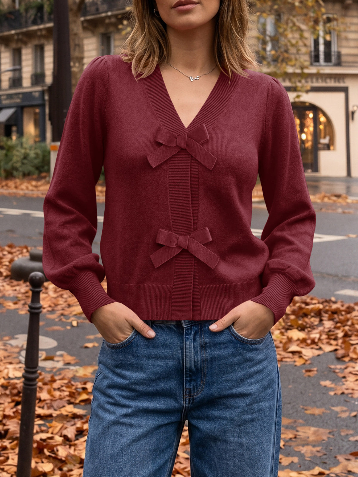 usvara Women V Neck Bow Knit Cardigan