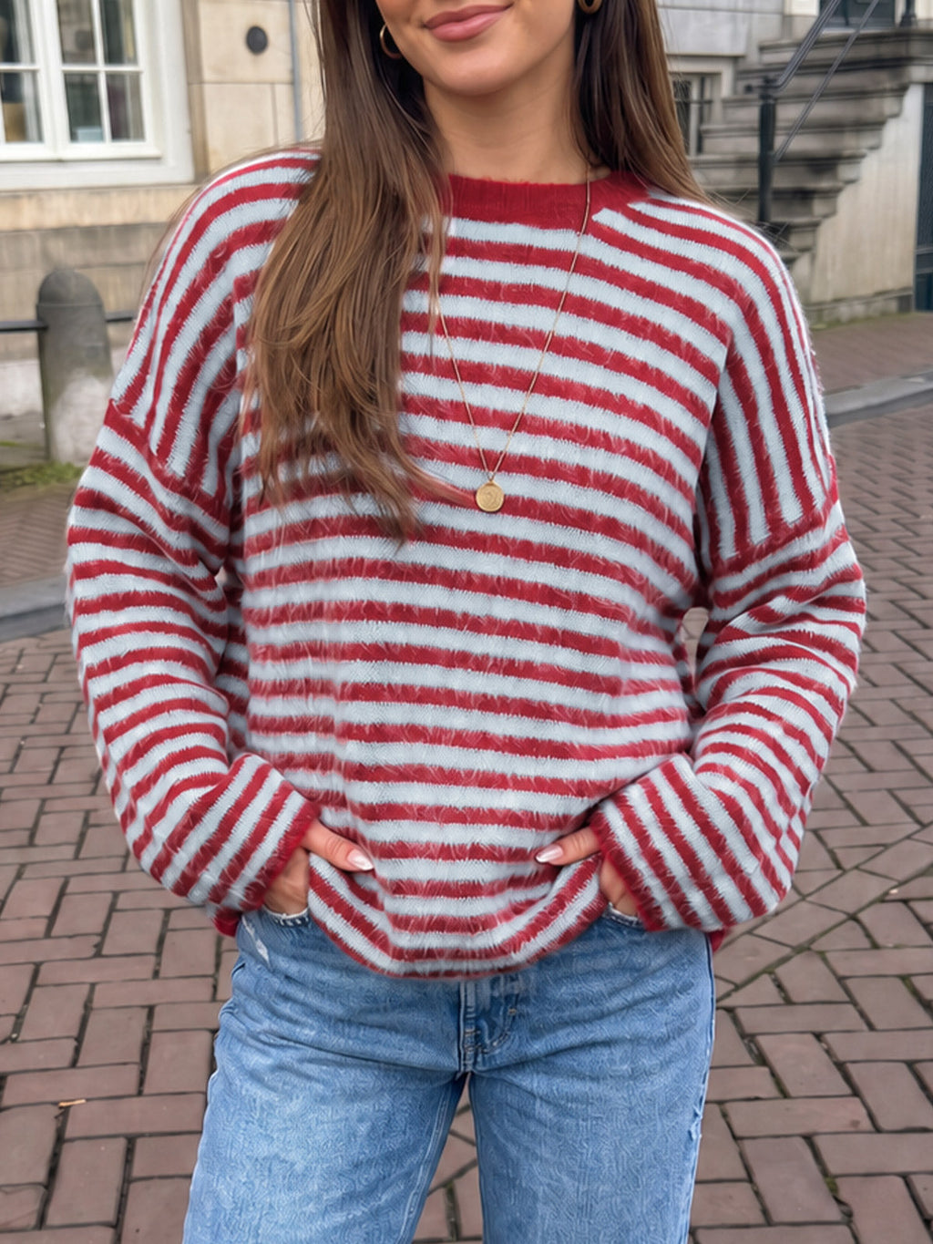 usvara Womens Fuzzy Crew Neck Striped Sweaters
